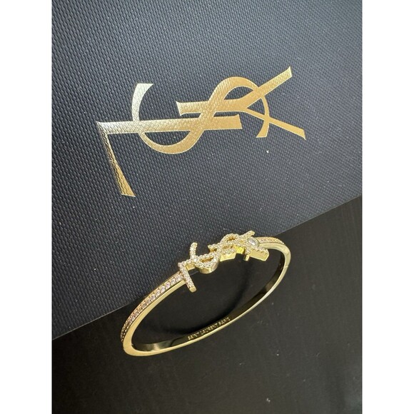 Saint Laurent Paris YSL Gold Tone Rhinestones Inlaid Logo Skinny Bangle - Picture 1 of 15